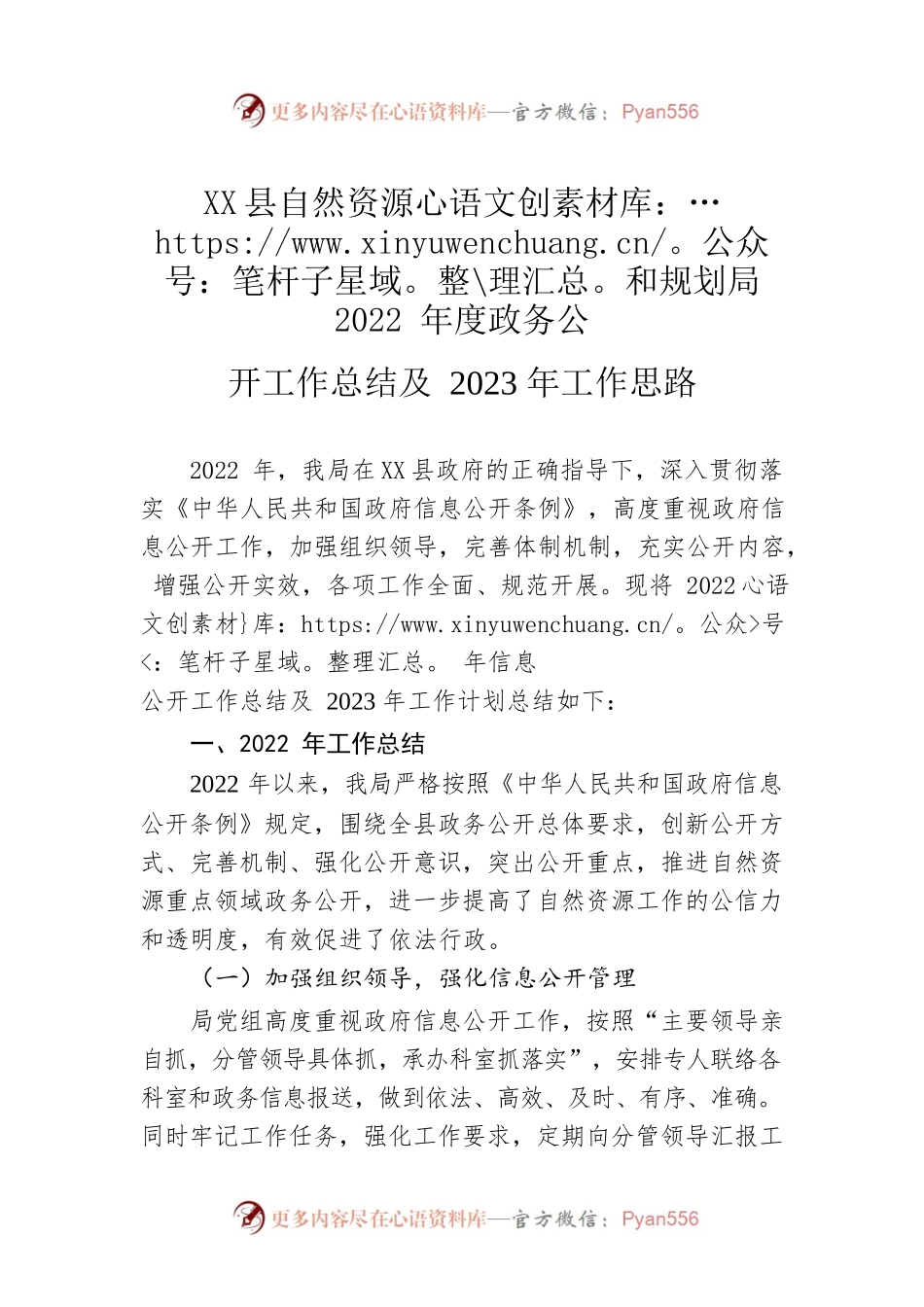 X县自然资源和规划局2022年度政务公开工作总结及2023年工作思路（20221221）.docx_第1页