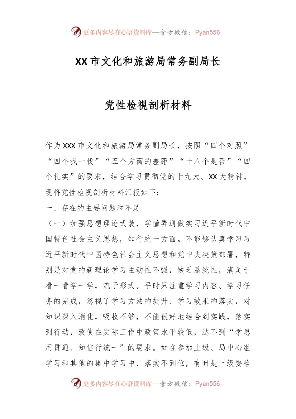 XX市文化和旅游局常务副局长党性检视剖析材料.docx_第1页