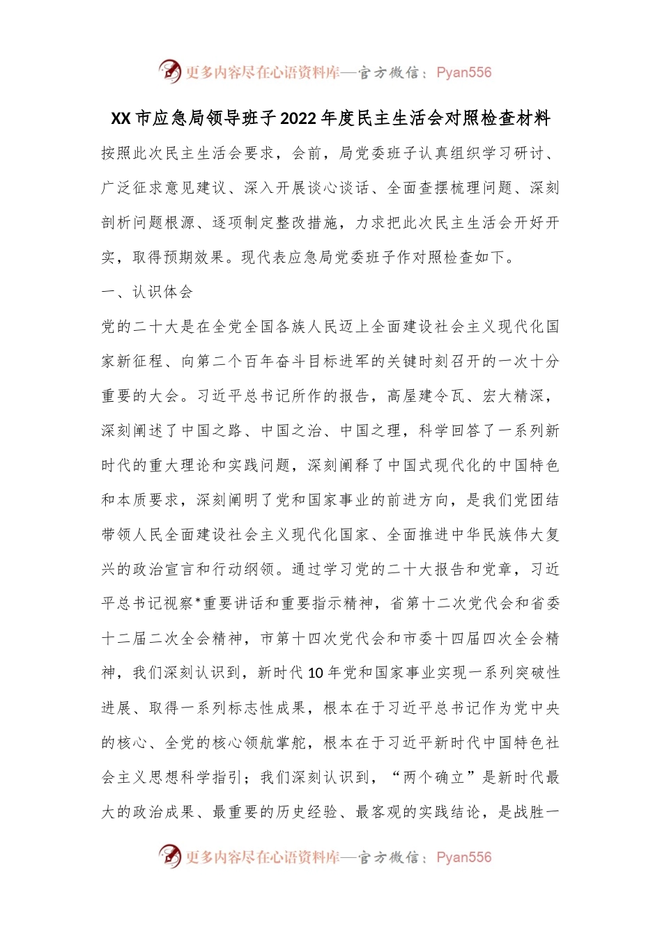 XX市应急局领导班子2022年度民主生活会对照检查材料.docx_第1页