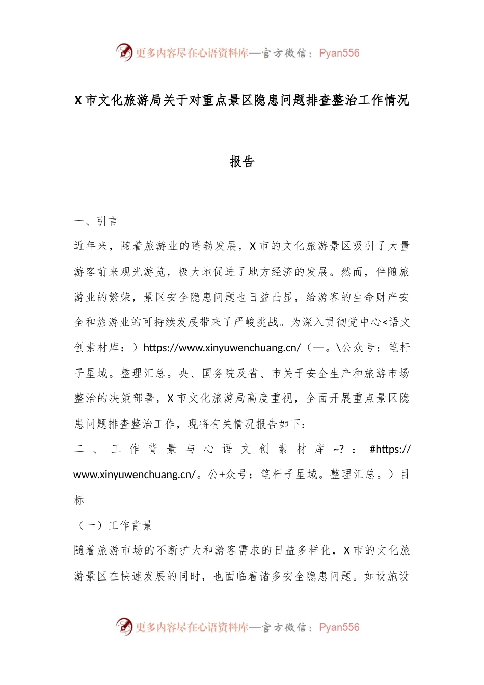 X市文化旅游局关于对重点景区隐患问题排查整治工作情况报告.docx_第1页