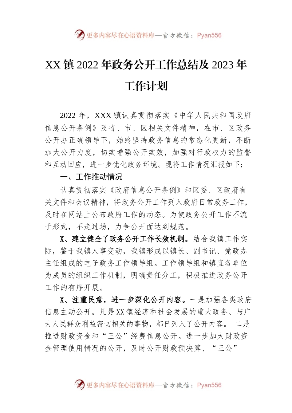 XX镇2022年政务公开工作总结及2023年工作计划.docx_第1页