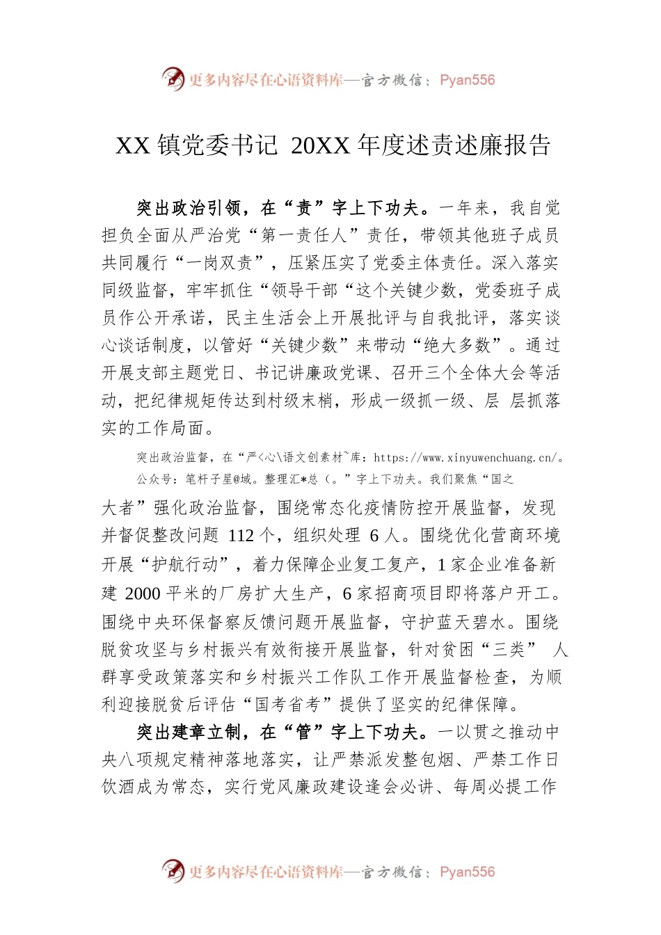 XX镇党委书记20XX年度述责述廉报告（20220224）.docx_第1页