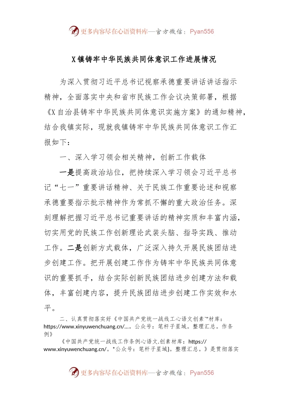 X镇铸牢中华民族共同体意识工作进展情况.docx_第1页