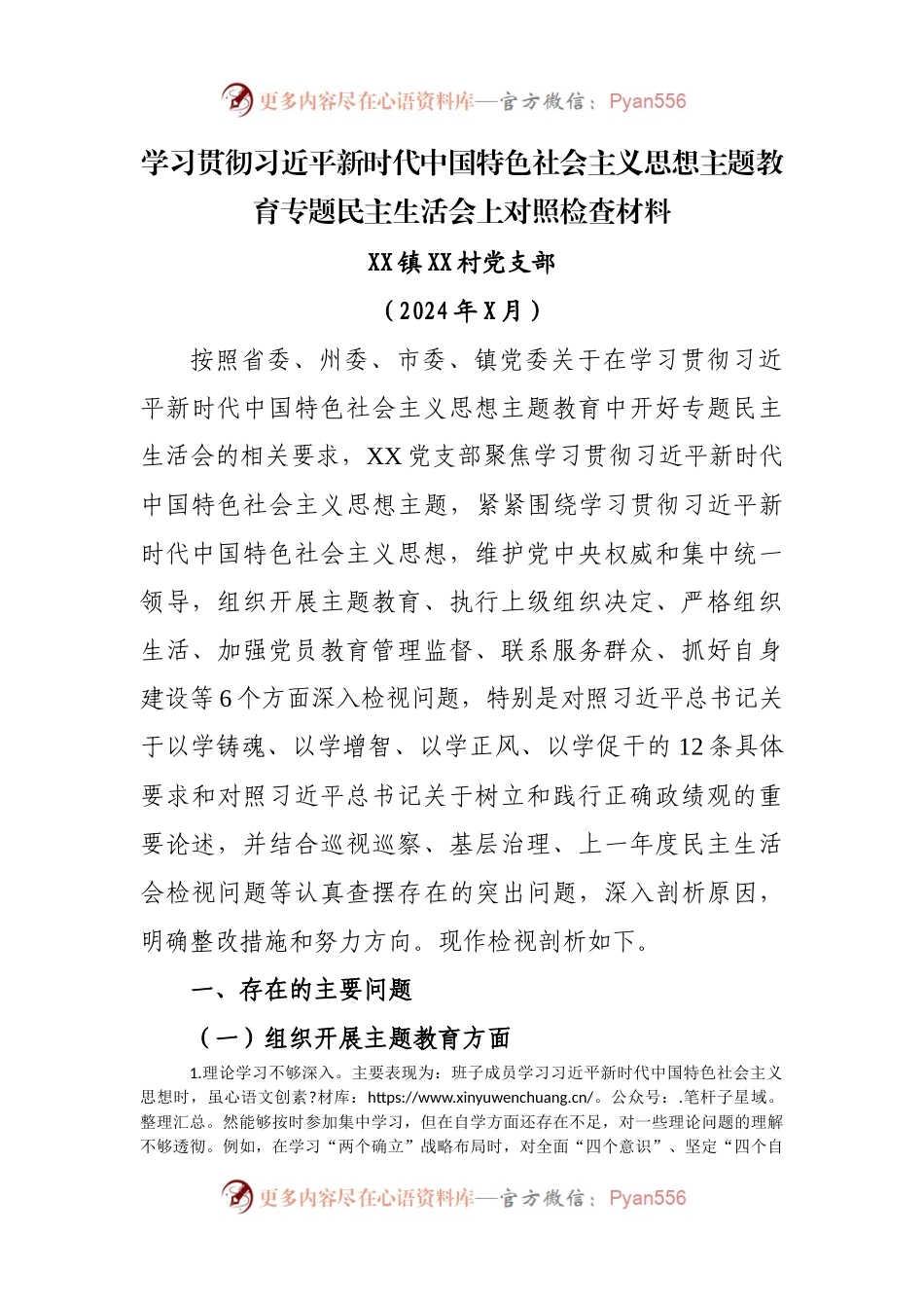 XX村学习新时代主题教育班子对照材料.docx_第1页