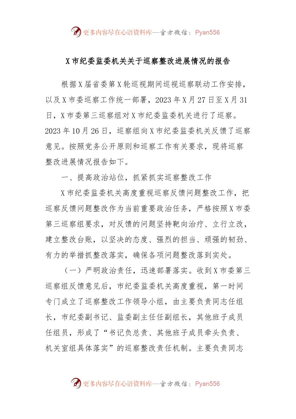 X市纪委监委机关关于巡察整改进展情况的报告.docx_第1页