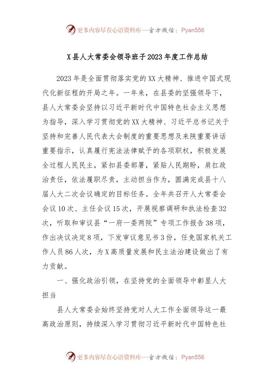 X县人大常委会领导班子2023年度工作总结.docx_第1页
