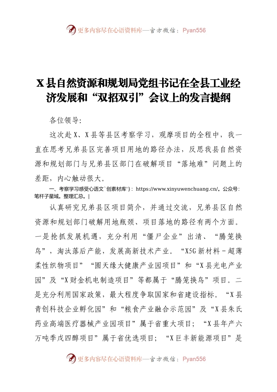 X县自然资源和规划局党组书记在全县工业经济发展和“双招双引”会议上的发言提纲503623.docx_第1页