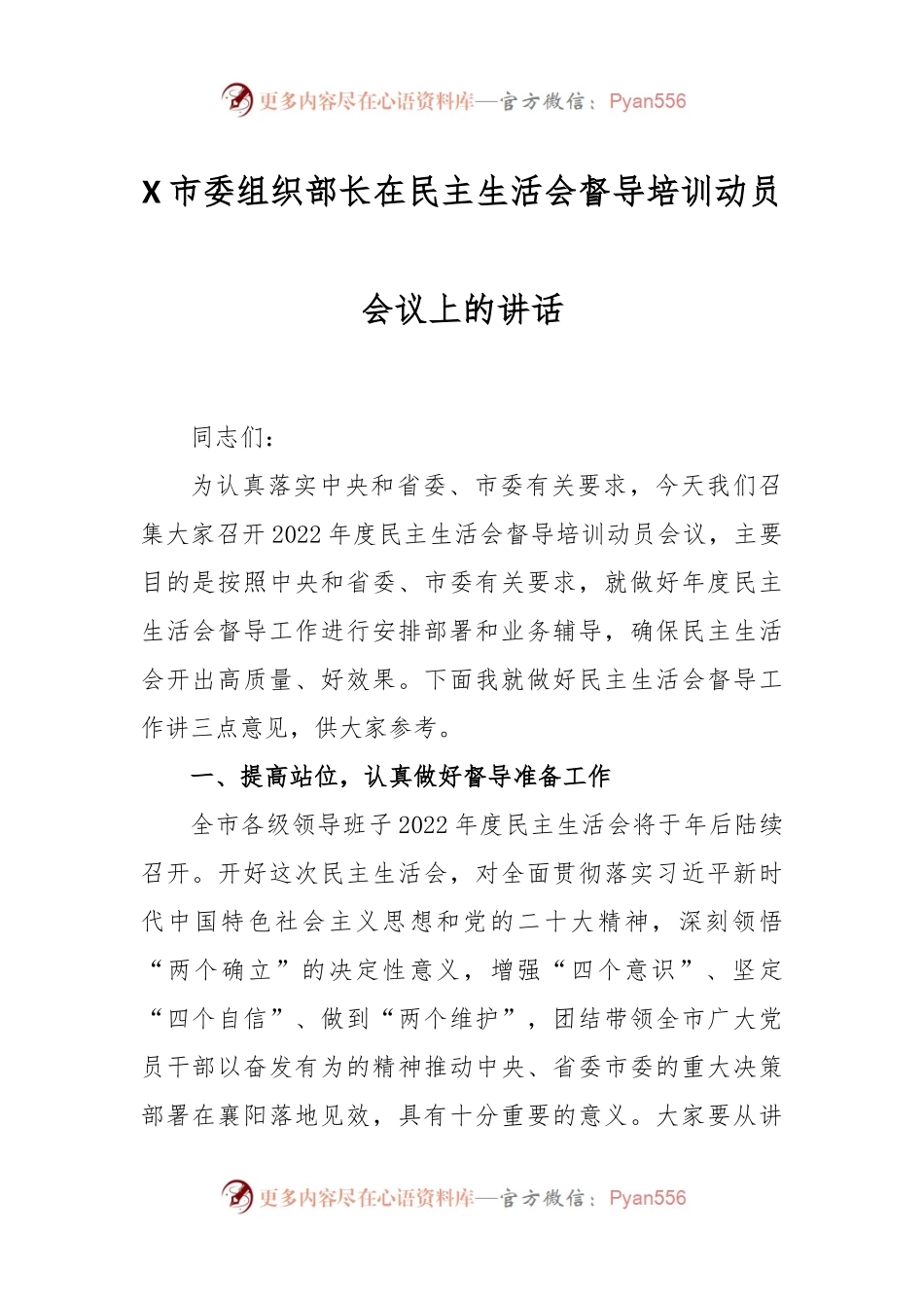 X市委组织部长在民主生活会督导培训动员会议上的讲话.docx_第1页