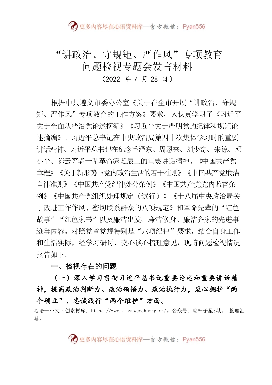 “讲政治、守规矩、严作风”专项教育问题检视专题会发言材料参考提纲.docx_第1页