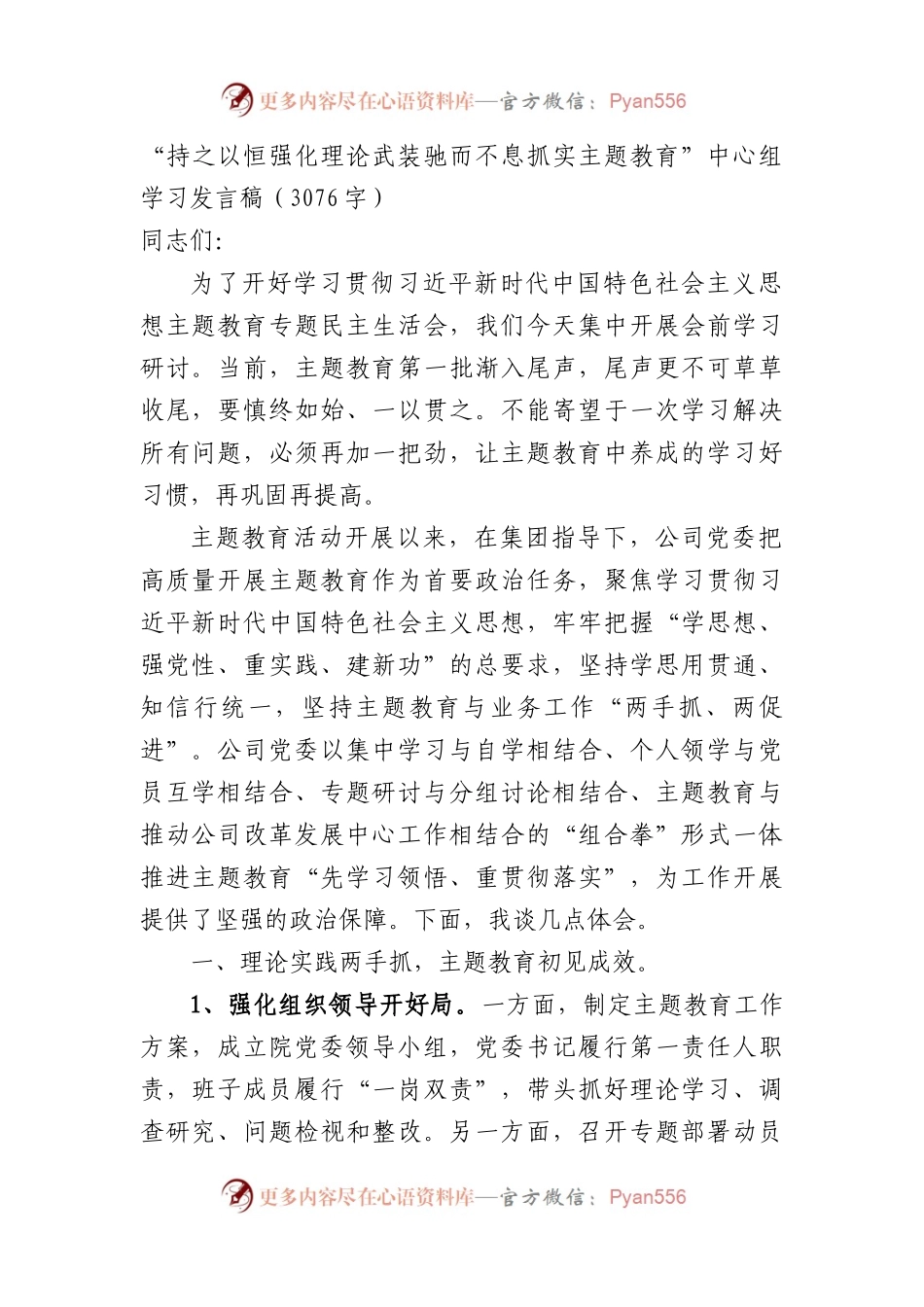 “持之以恒强化理论武装驰而不息抓实主题教育”中心组学习发言稿.docx_第1页