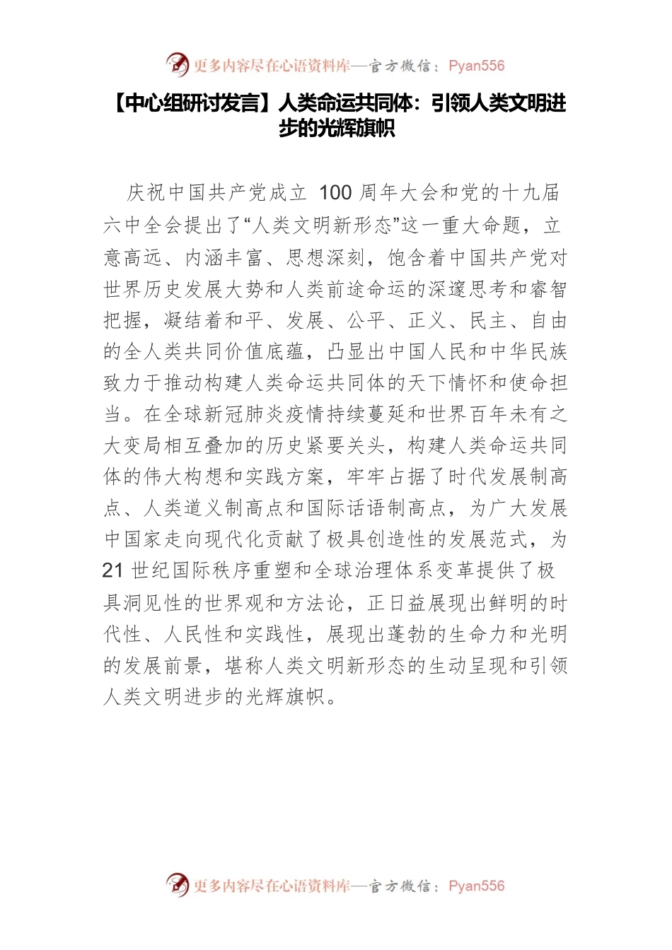 【中心组研讨发言】人类命运共同体：引领人类文明进步的光辉旗帜.docx_第1页