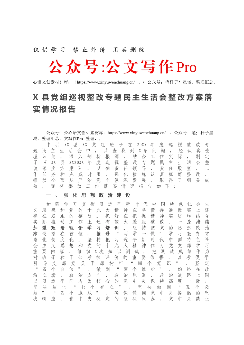 X县党组巡视整改专题民主生活会整改方案落实情况报告.docx_第1页
