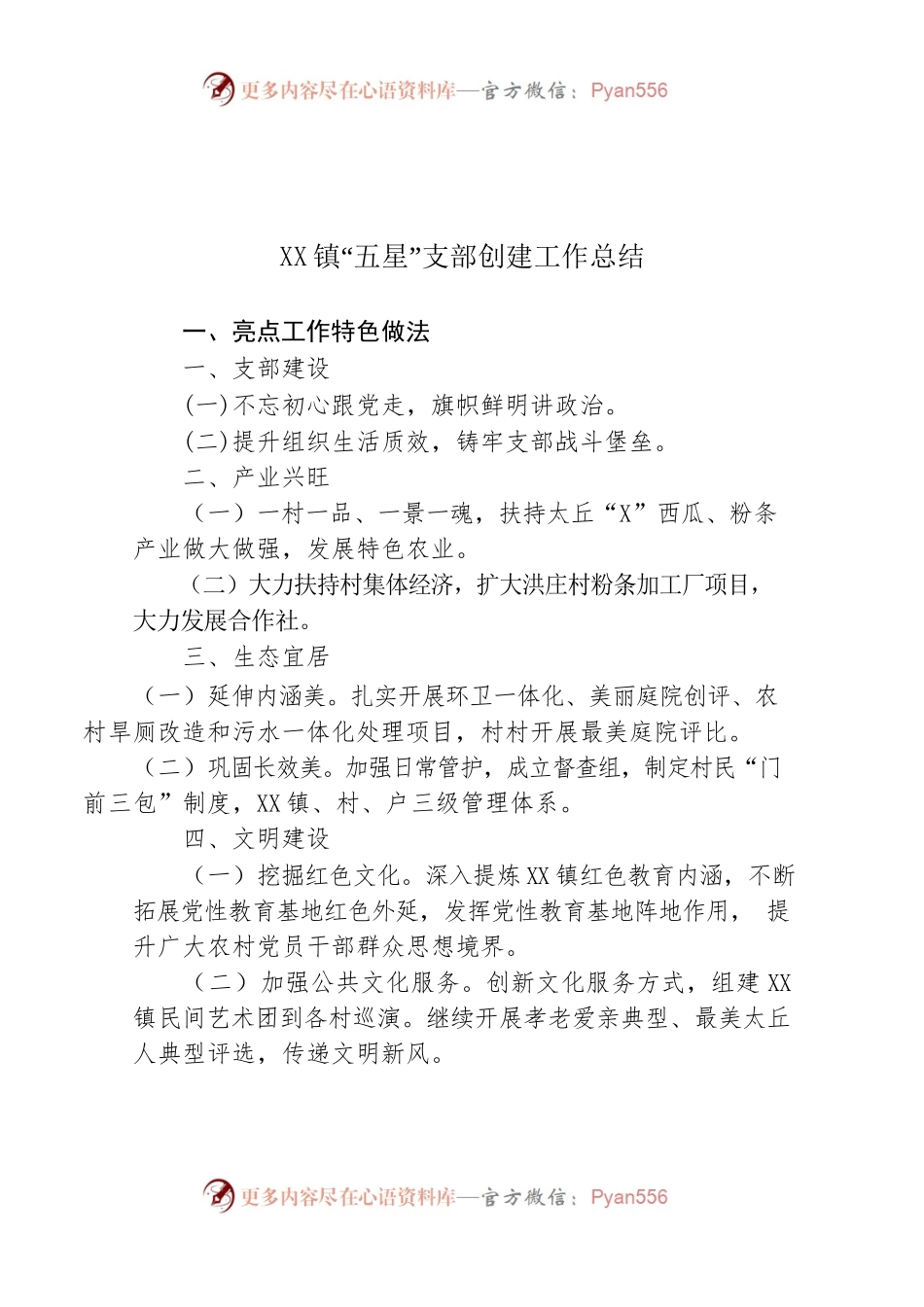 XX镇五星支部创建工作总结.docx_第1页