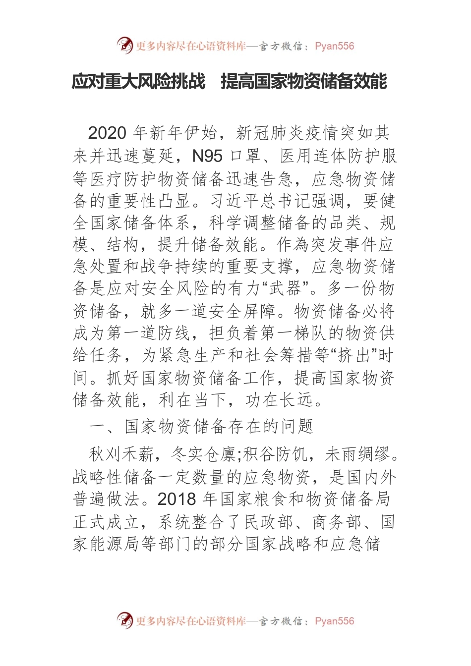 【中心组研讨发言】应对重大风险挑战提高国家物资储备效能.docx_第1页
