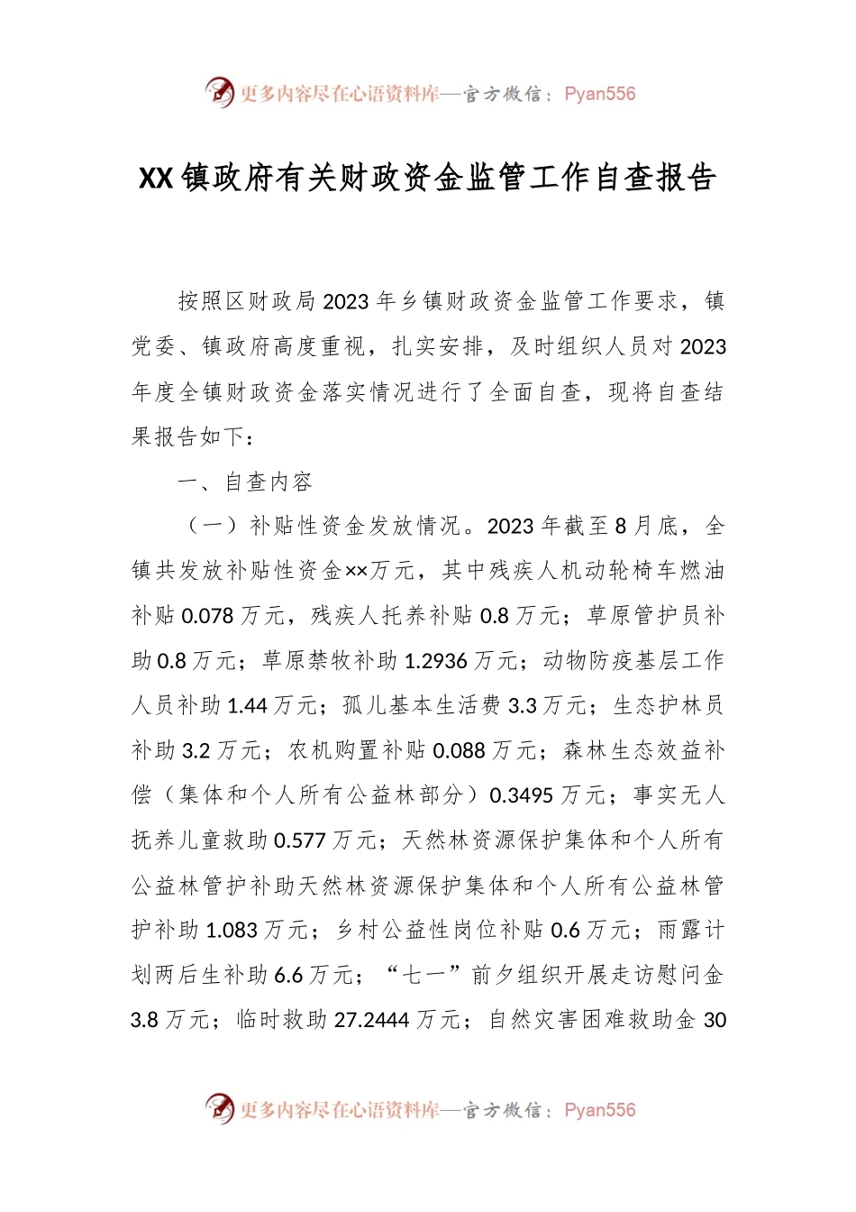XX镇政府有关财政资金监管工作自查报告.docx_第1页