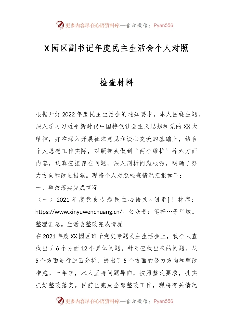 X园区副书记年度民主生活会个人对照检查材料.docx_第1页