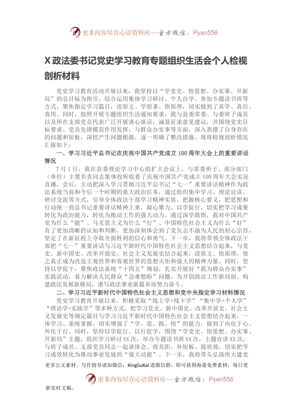 X政法委书记党史学习教育专题组织生活会个人检视剖析材料.docx_第1页