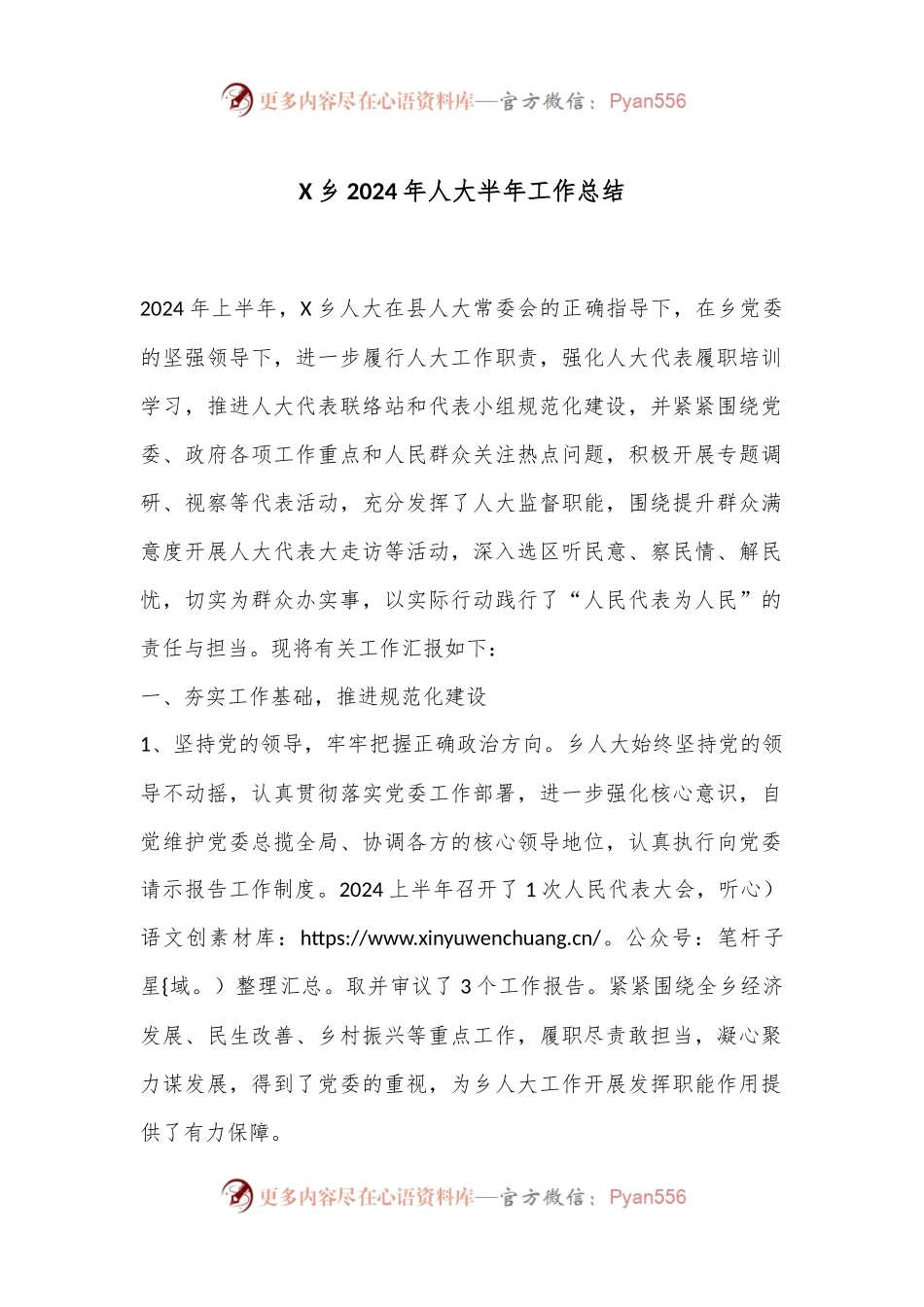 X乡2024年人大半年工作总结.docx_第1页