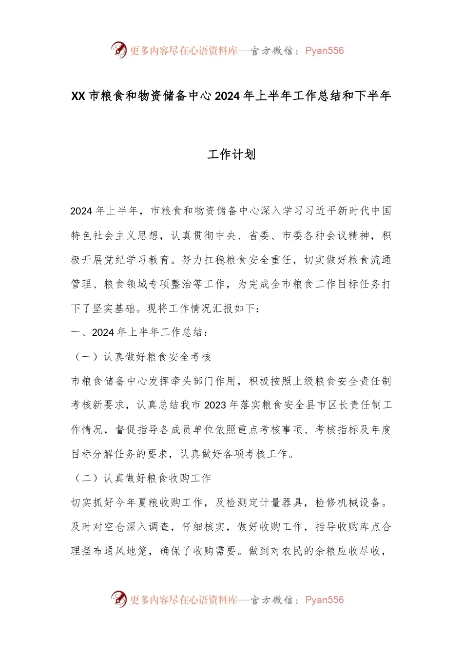 XX市粮食和物资储备中心2024年上半年工作总结和下半年工作计划.docx_第1页