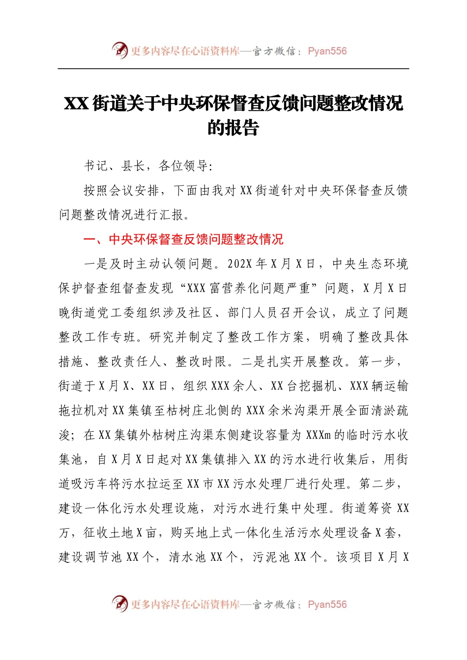 XX街道关于中央环保督查反馈问题整改情况的报告.docx_第1页