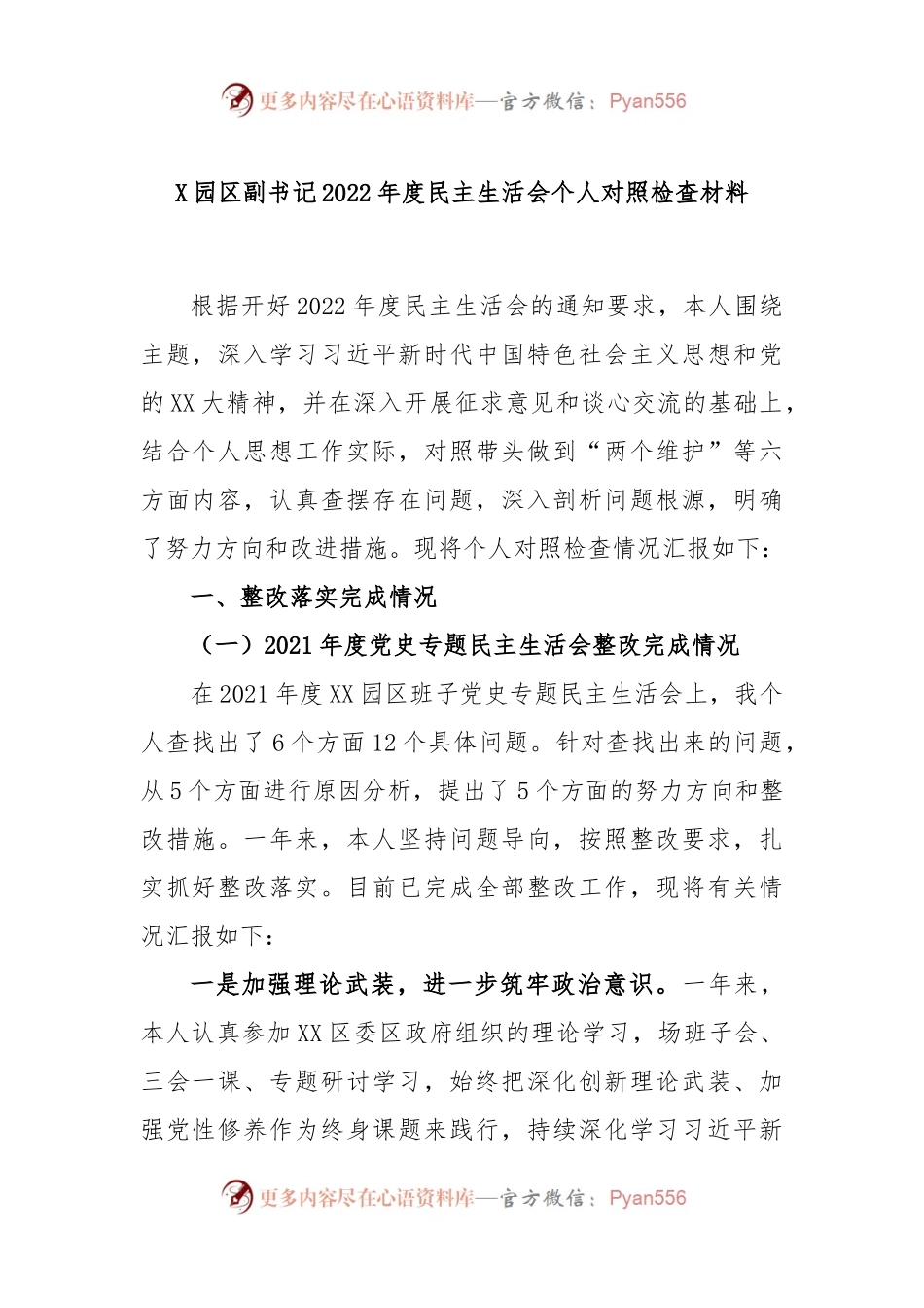 X园区副书记2022年度民主生活会个人对照检查材料.docx_第1页
