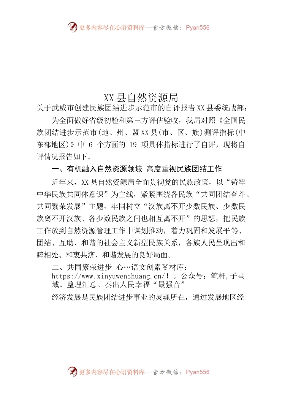 X县自然资源局关于x市创建民族团结进步示范市的自评报告.docx_第1页