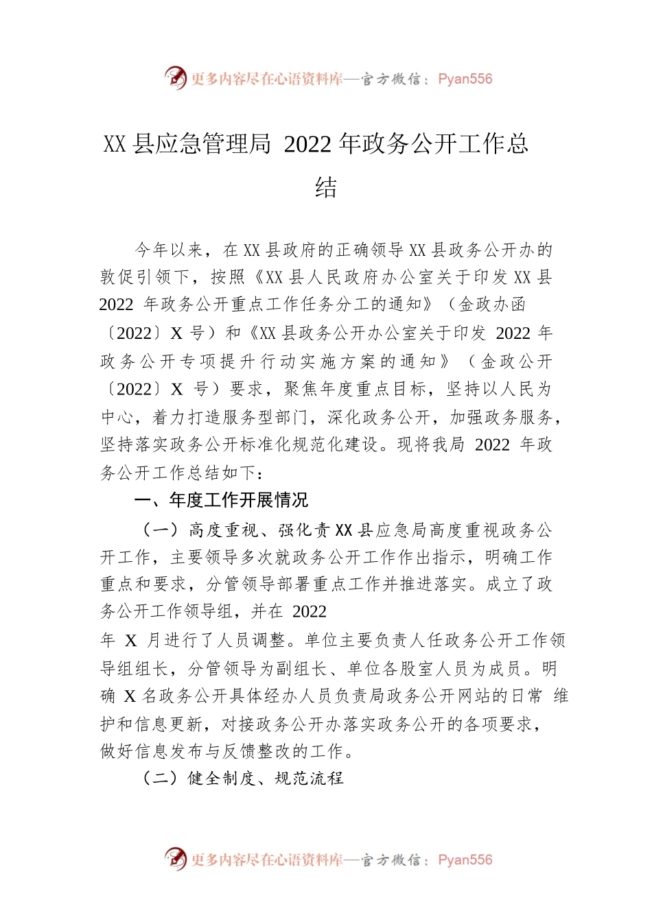 X县应急管理局2022年政务公开工作总结（20221212）.docx_第1页