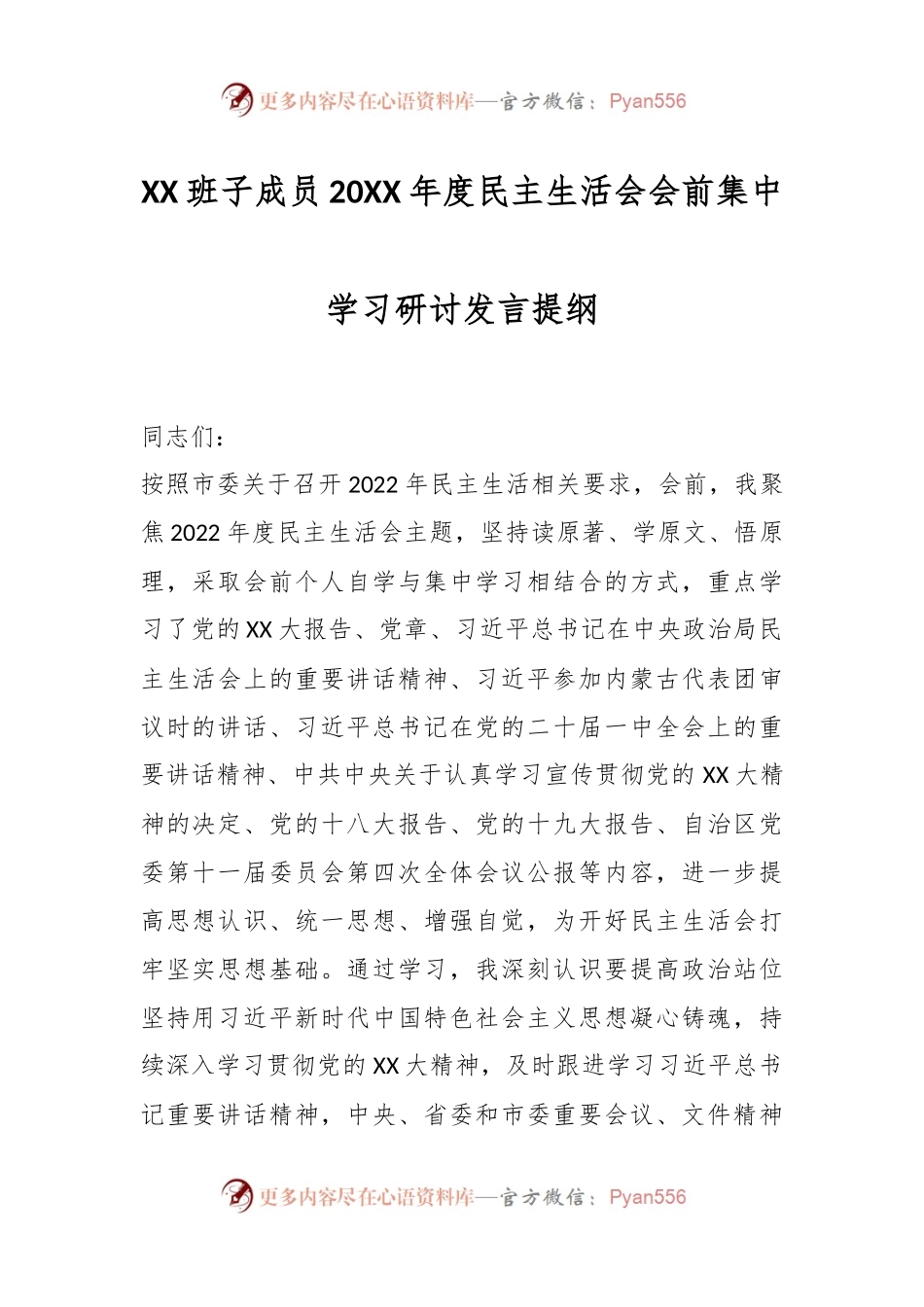 XX班子成员20XX年度民主生活会会前集中学习研讨发言提纲.docx_第1页