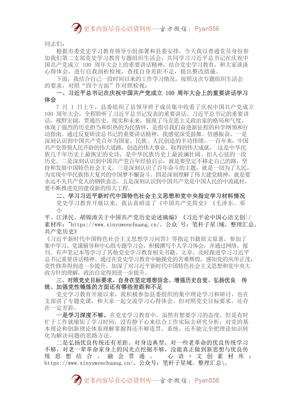 X县长在支部党史学习教育专题组织生活会上的发言材料​​​​​​​.docx_第1页