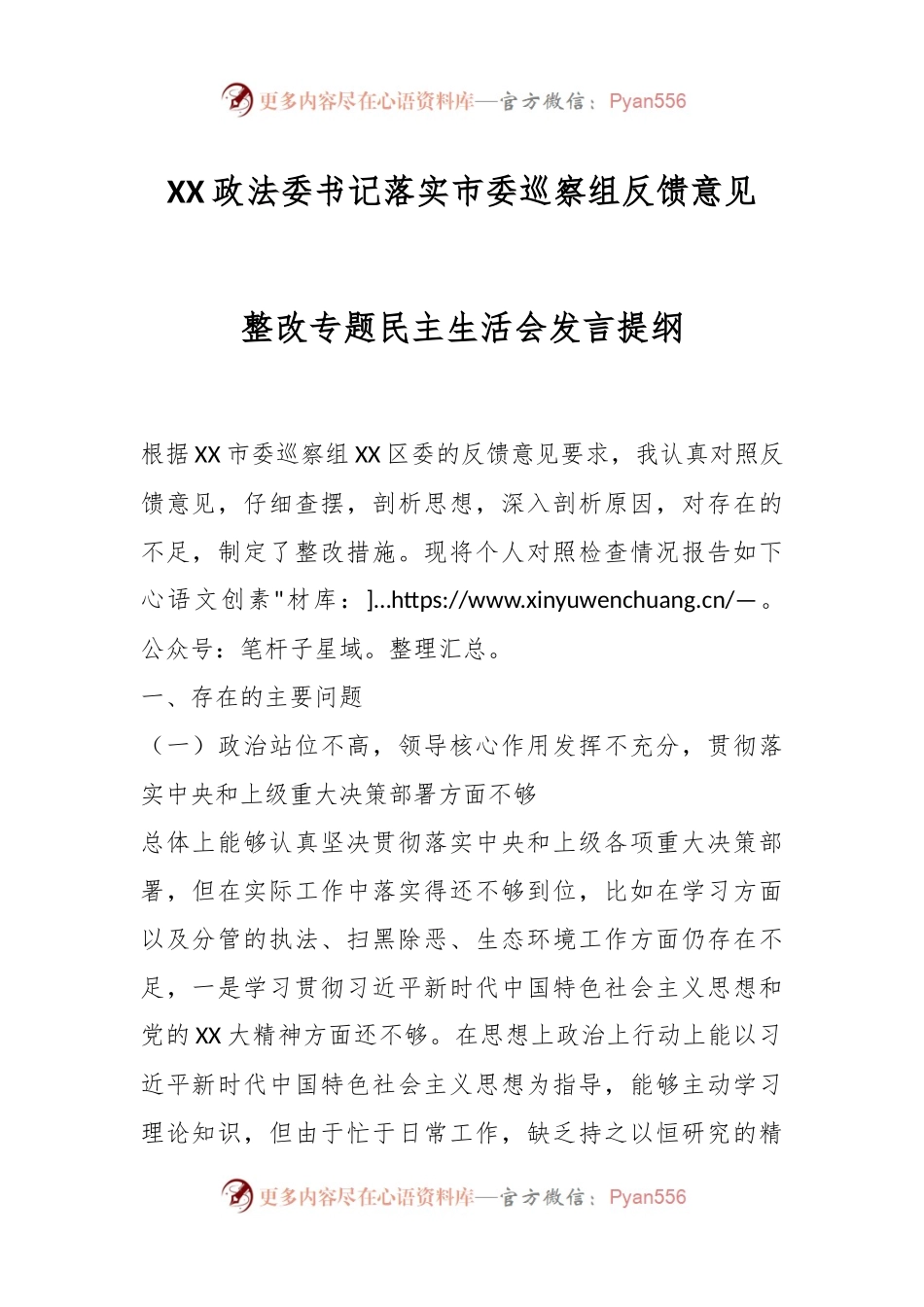 XX政法委书记落实市委巡察组反馈意见整改专题民主生活会发言提纲.docx_第1页