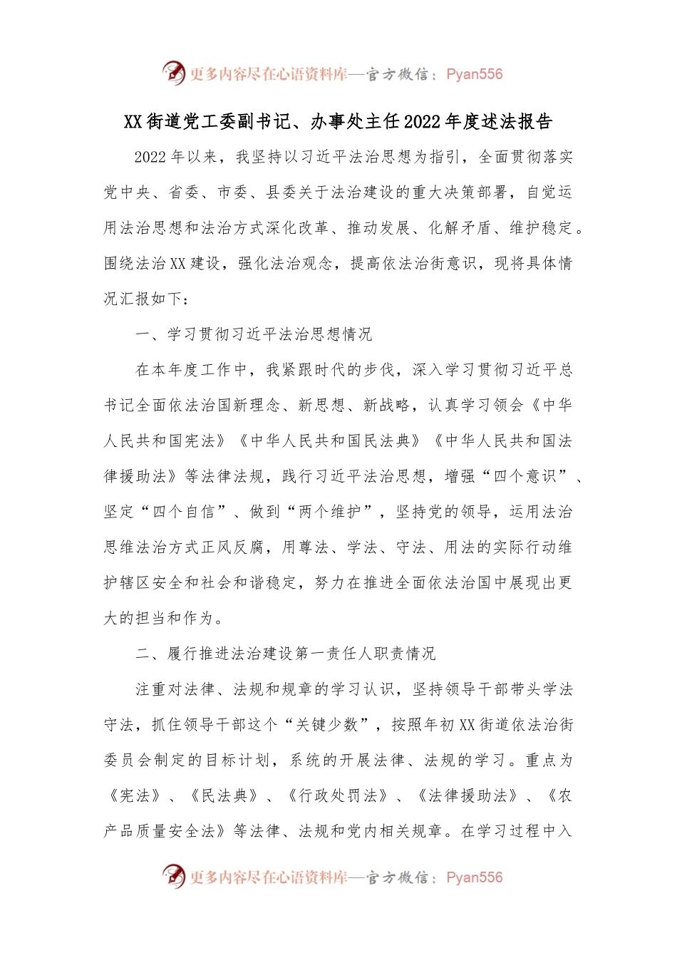 XX街道党工委副书记、办事处主任2022年度述法报告.docx_第1页