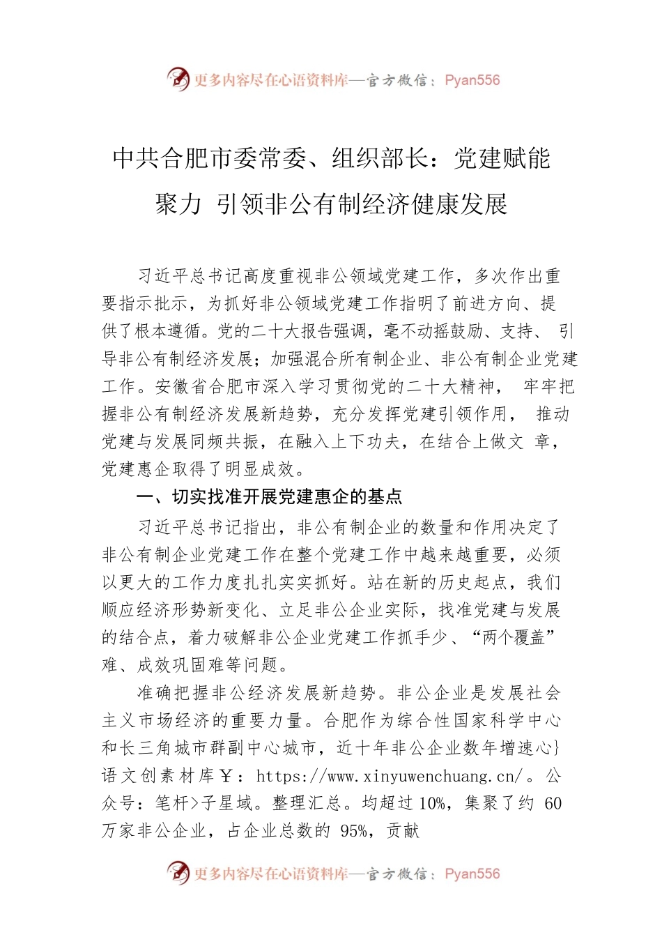X市委常委、组织部长：党建赋能聚力 引领非公有制经济健康发展（202304）.docx_第1页