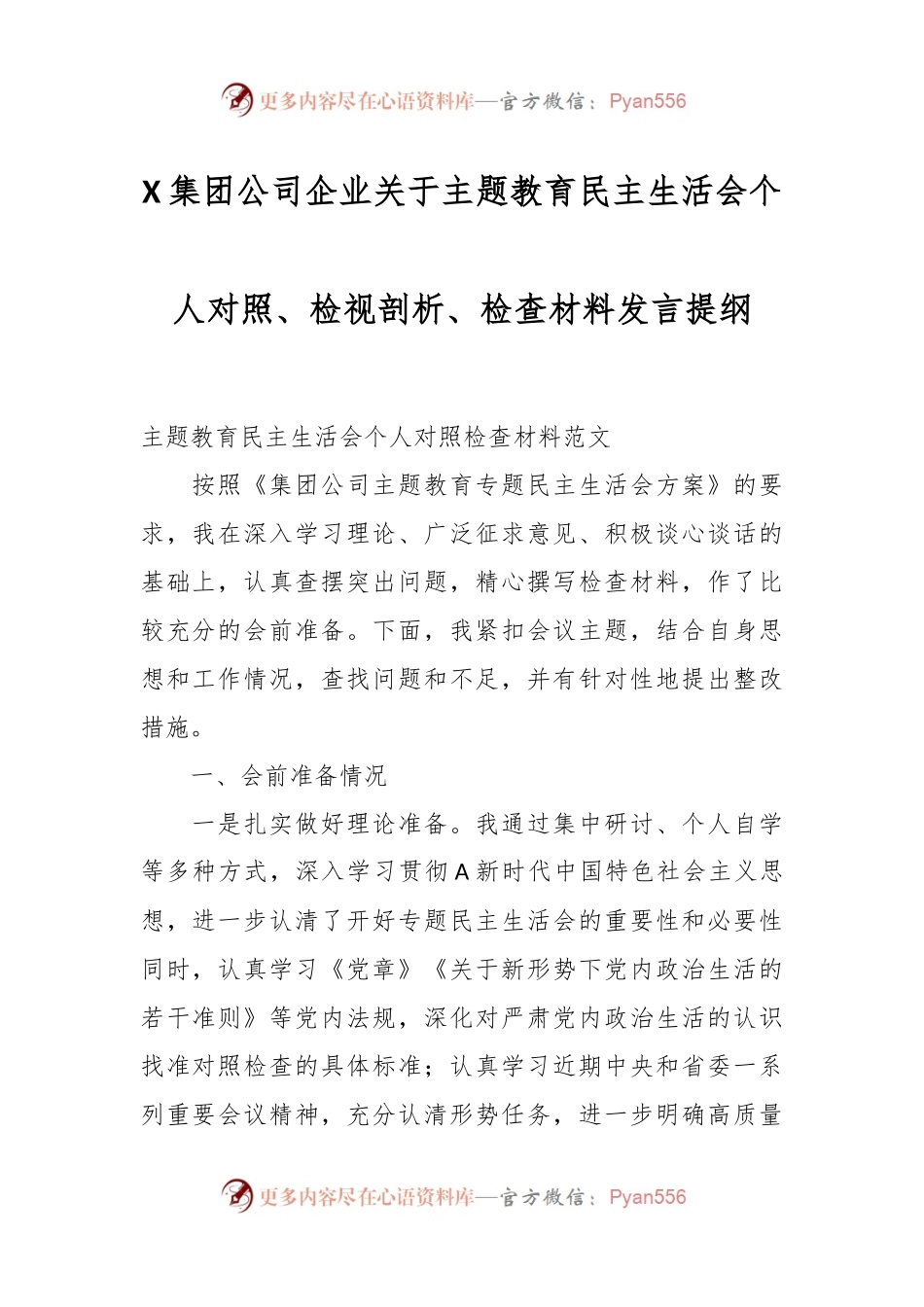 X集团公司企业关于主题教育民主生活会个人对照、检视剖析、检查材料发言提纲.docx_第1页