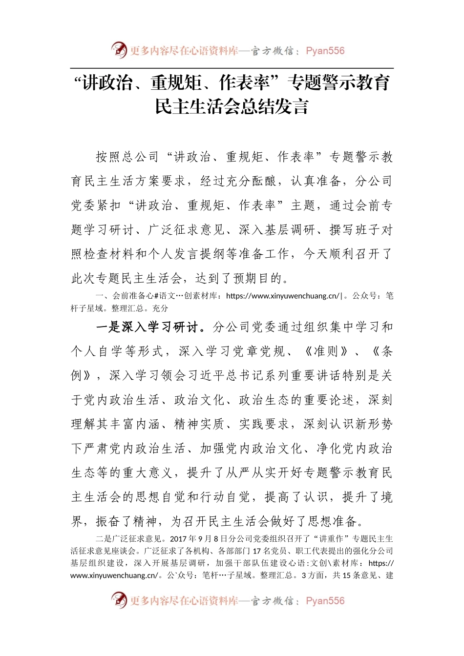 “讲政治、重规矩、作表率”专题警示教育民主生活会总结发言 (1).docx_第1页