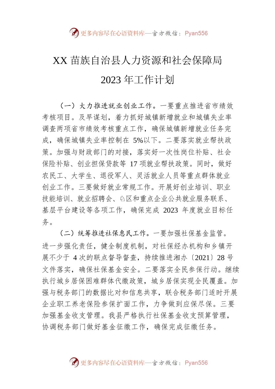 XX族自治县人力资源和社会保障局2023年工作计划.docx_第1页