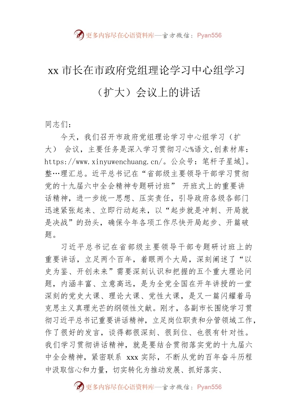 xx市长在市政府党组理论学习中心组学习（扩大）会议上的讲话.docx_第1页