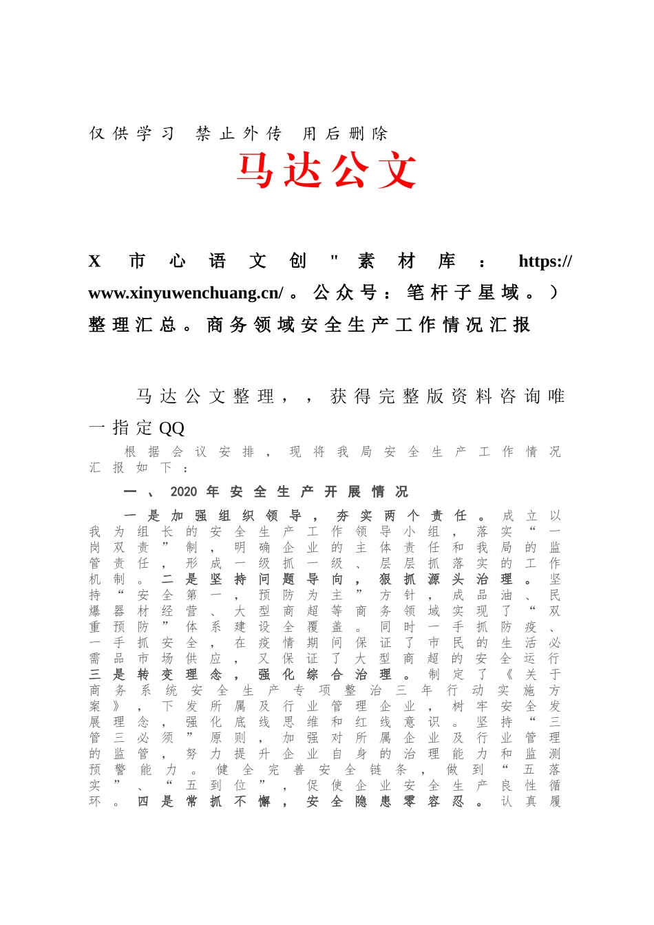 X市商务领域安全生产工作情况汇报.docx_第1页