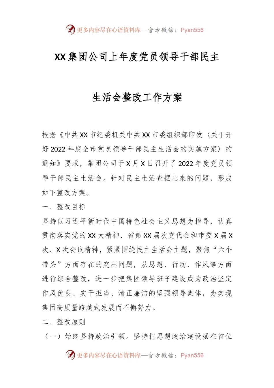 XX集团公司上年度党员领导干部民主生活会整改工作方案.docx_第1页