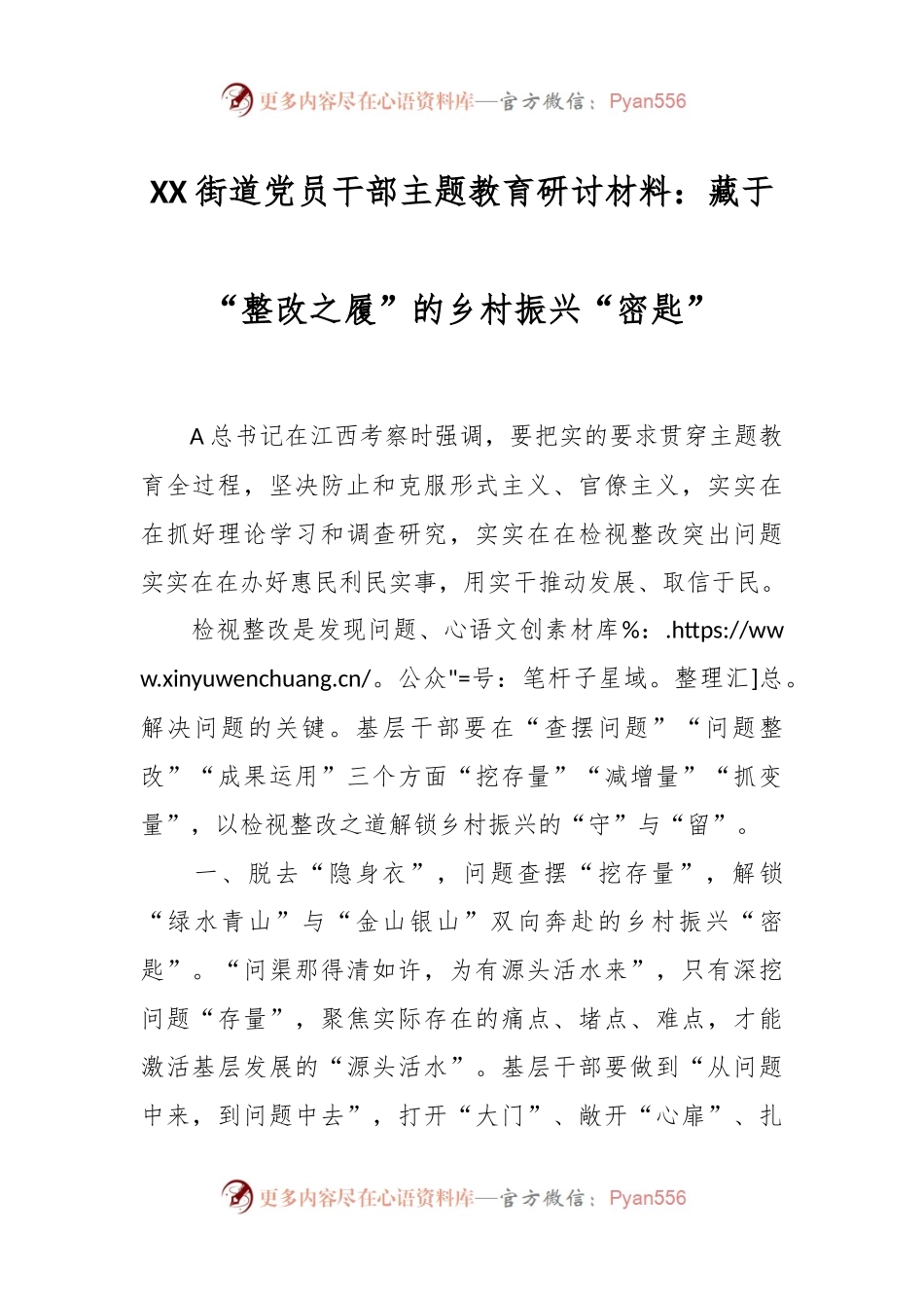 XX街道党员干部主题教育研讨材料：藏于“整改之履”的乡村振兴“密匙”.docx_第1页