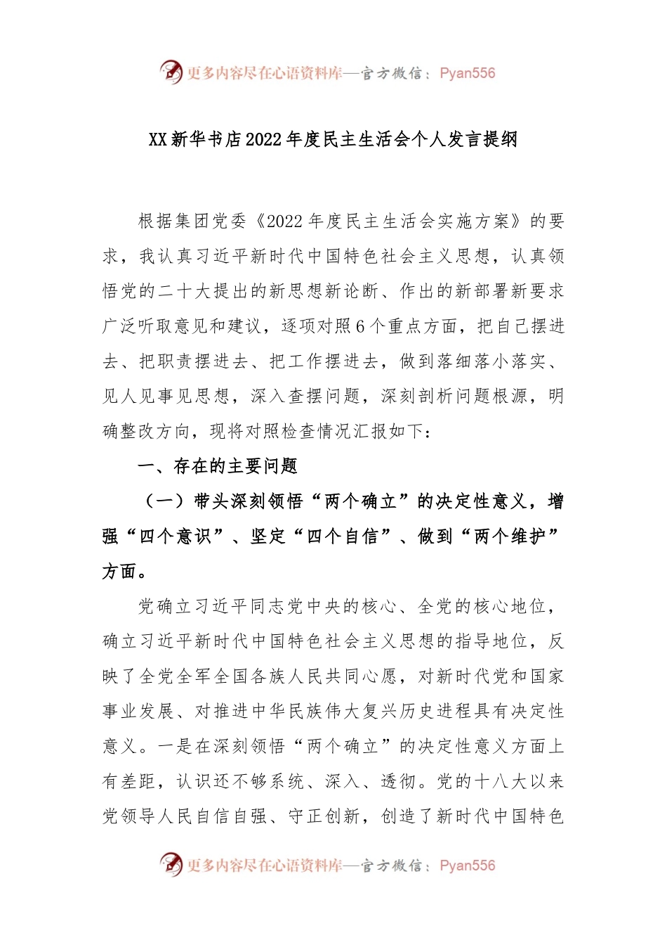 XX新华书店2022年度民主生活会个人发言提纲.docx_第1页