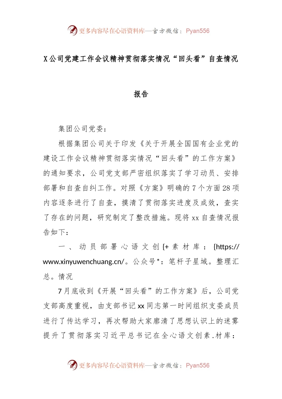 X公司党建工作会议精神贯彻落实情况“回头看”自查情况报告.docx_第1页