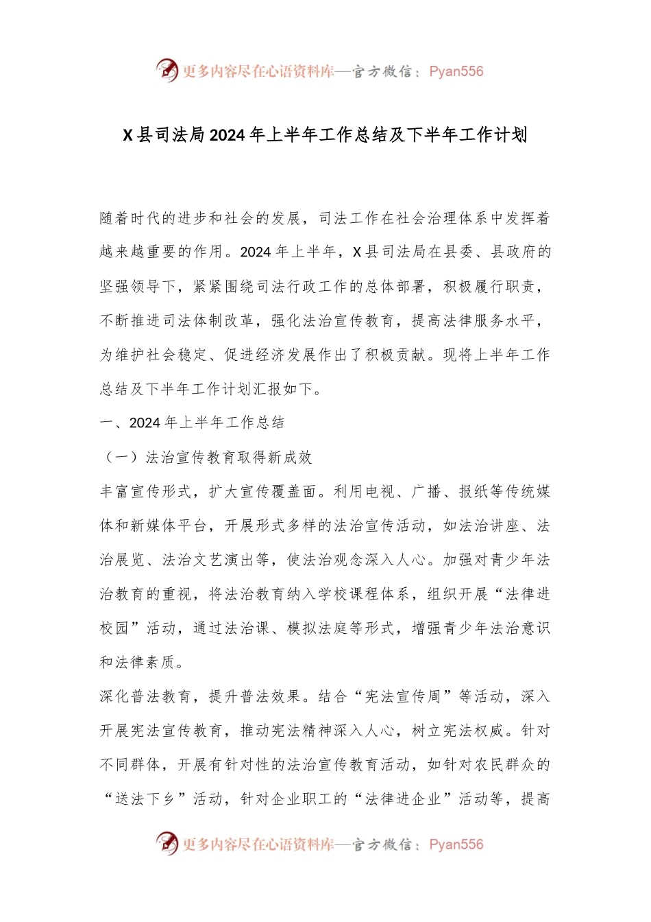 X县司法局2024年上半年工作总结及下半年工作计划.docx_第1页