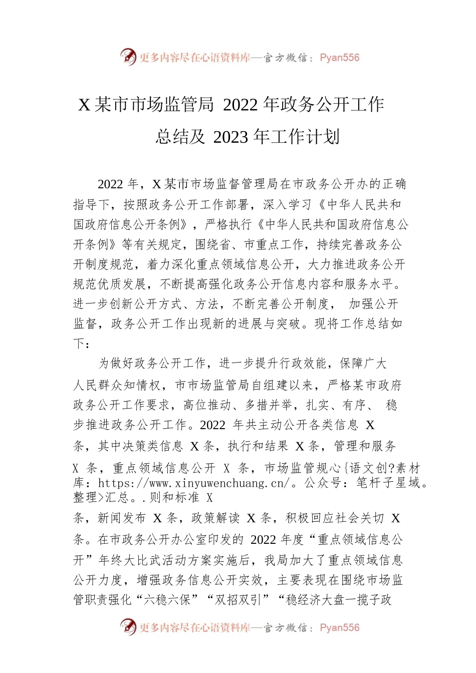 XX市市场监管局2022年政务公开工作总结及2023年工作计划.docx_第1页