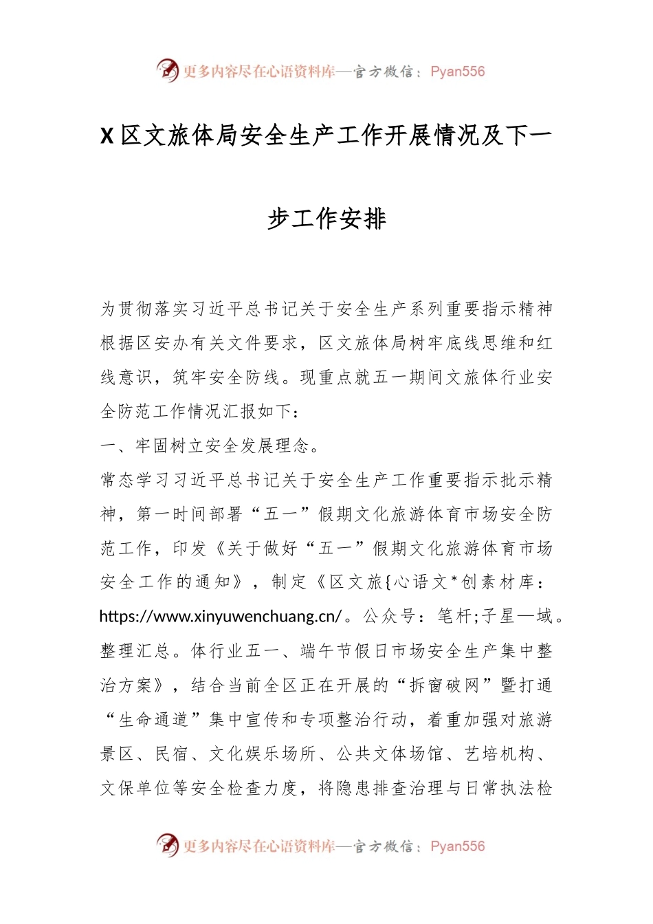 X区文旅体局安全生产工作开展情况及下一步工作安排.docx_第1页