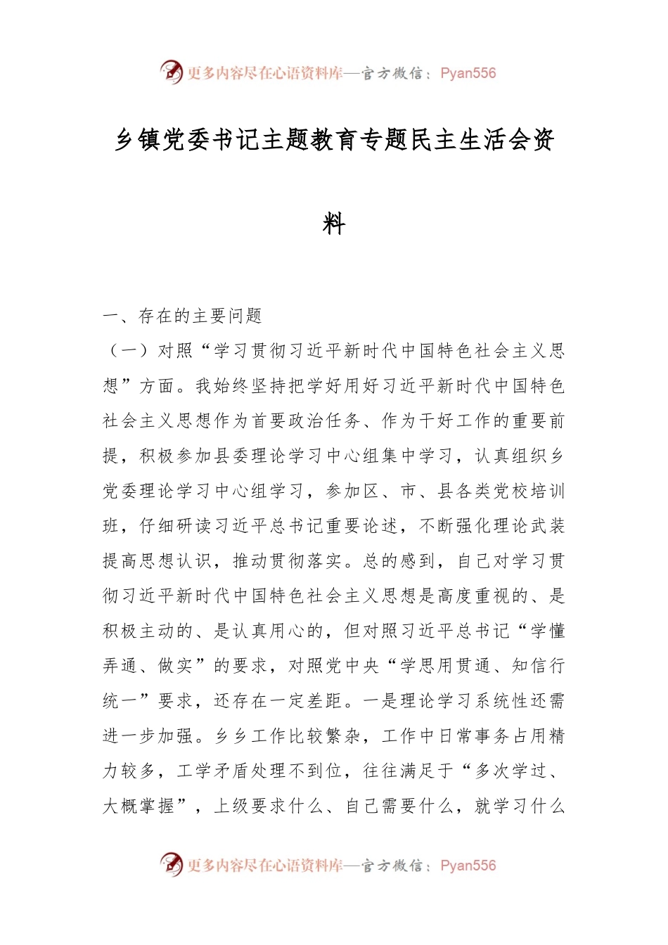 乡镇党委书记主题教育专题民主生活会资料.docx_第1页