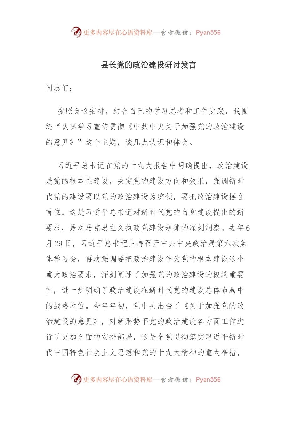 主题教育：县长党的政治建设研讨发言.docx_第1页