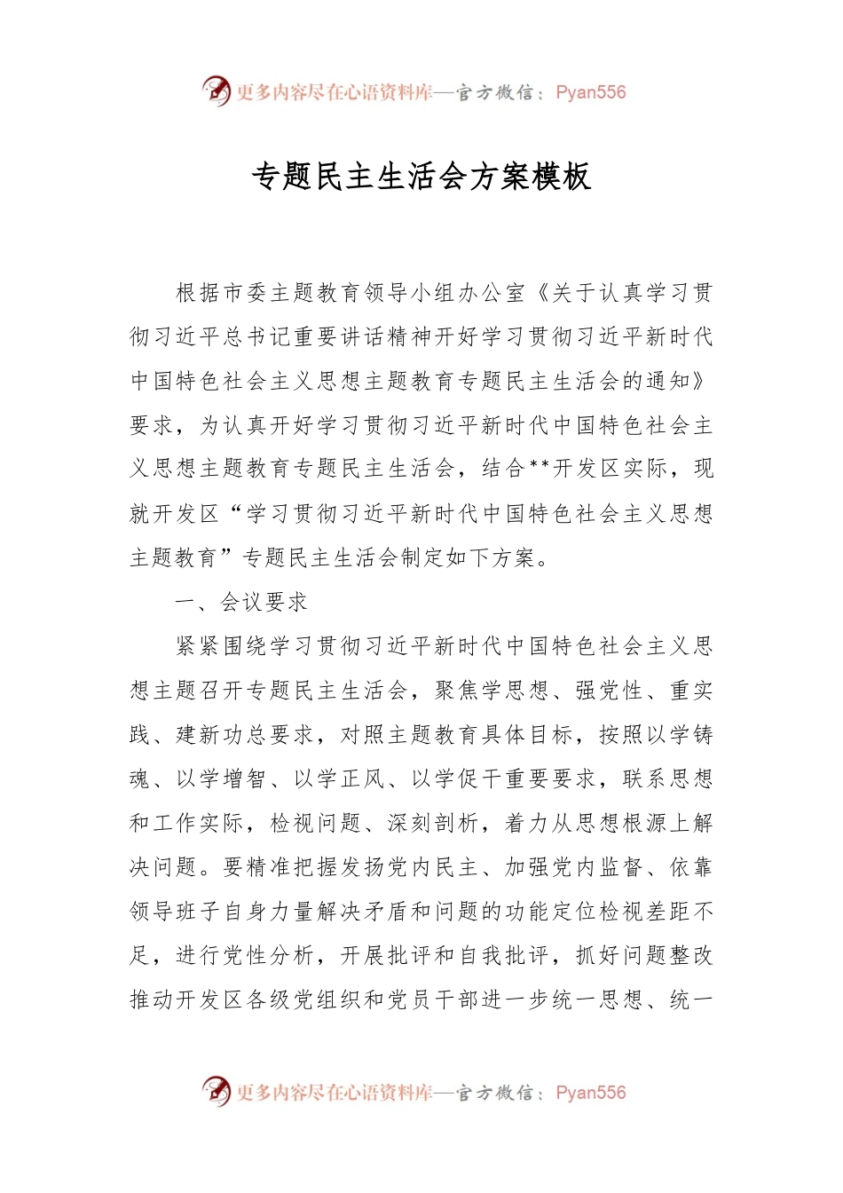 专题民主生活会方案模板.docx_第1页