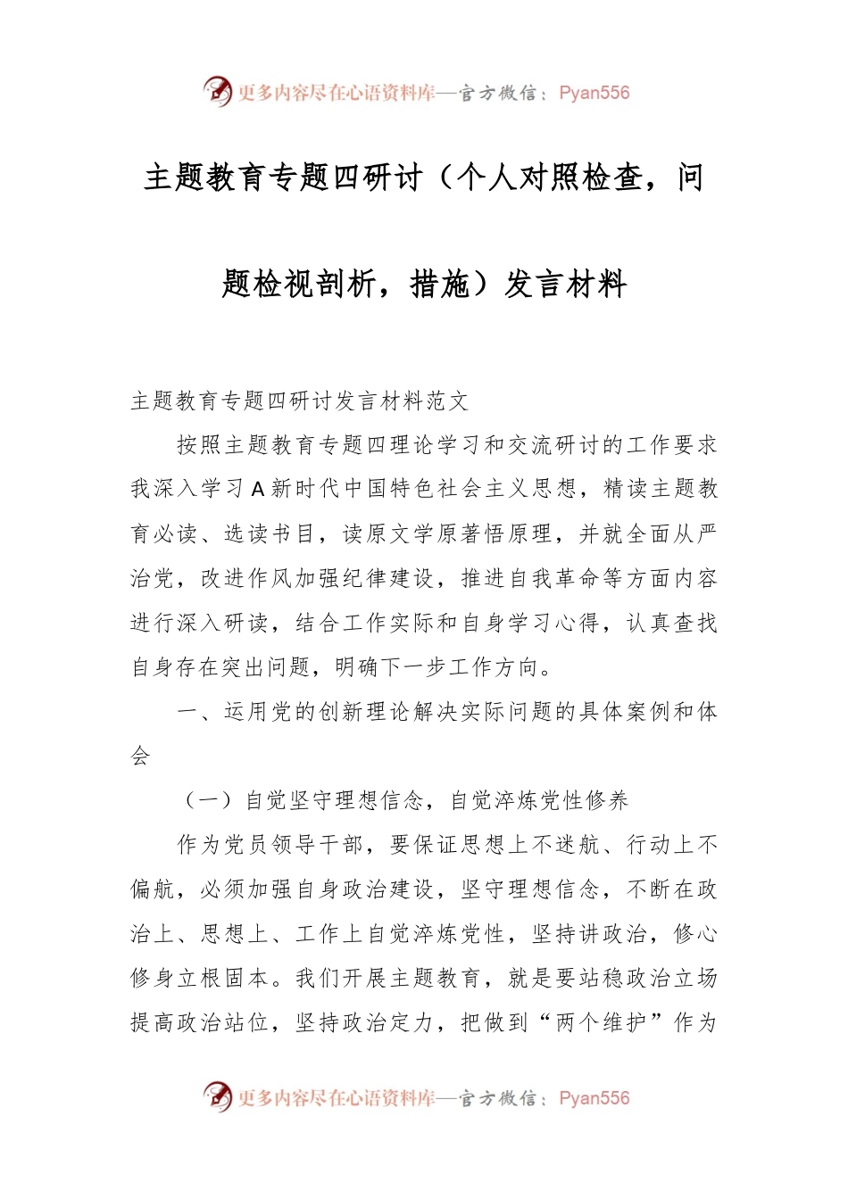 主题教育专题四研讨（个人对照检查，问题检视剖析，措施）发言材料.docx_第1页