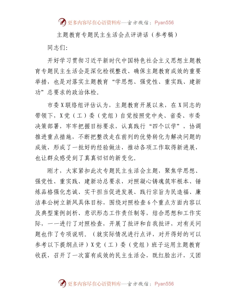 主题教育专题民主生活会点评讲话（参考稿）(1).docx_第1页