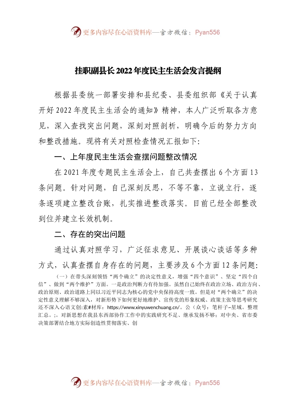 个人挂职副县长2022年度民主生活会发言提纲.docx_第1页